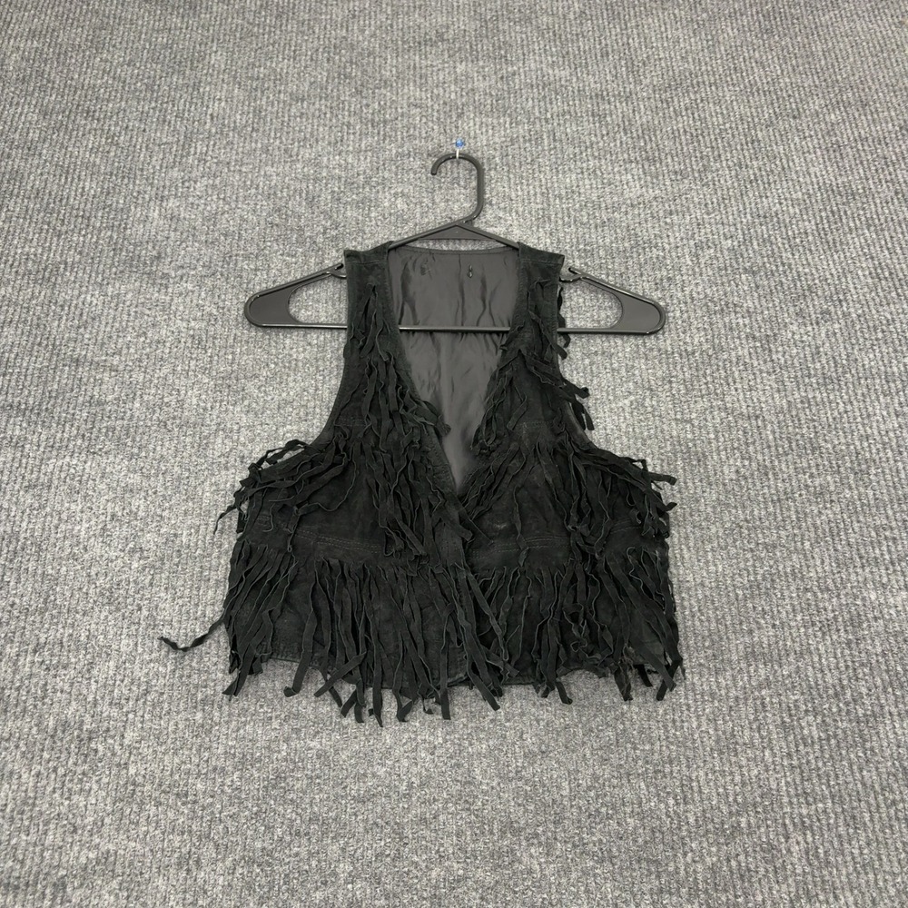 Vintage Vest Womens 15x16 Black Suede Leather Fringe Western Boho Rocker Style